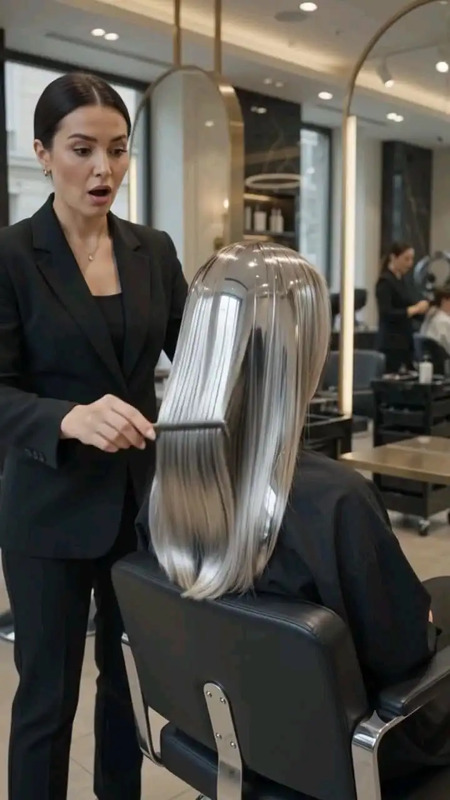 a woman standing in front of a hair salon chair