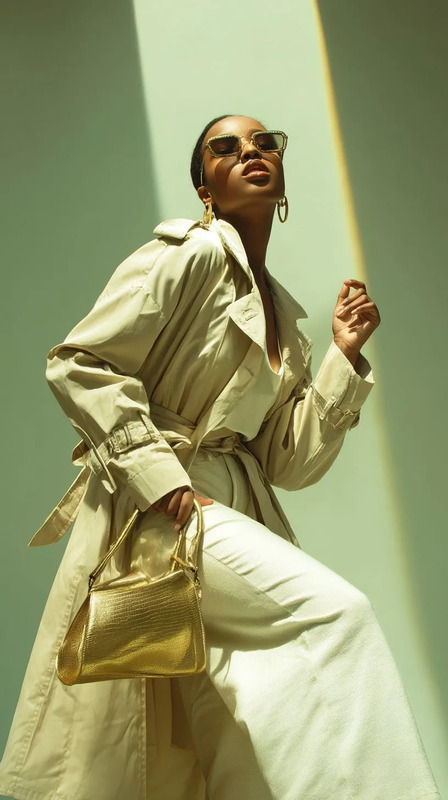 a woman in a trench coat holding a gold purse