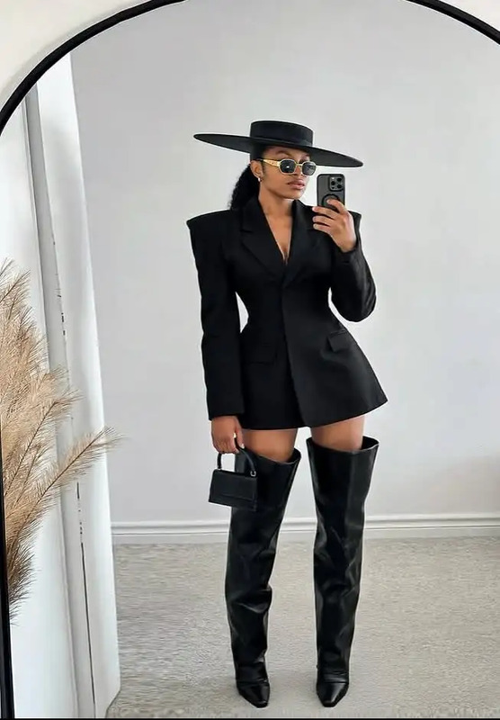 Power Blazer Dress + Over The Knee Boots | Classy Black Outfit Ideas