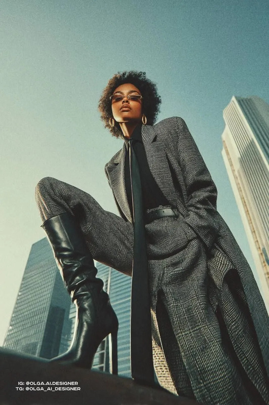 a woman in a suit and tie posing for the camera with tall buildings behind her