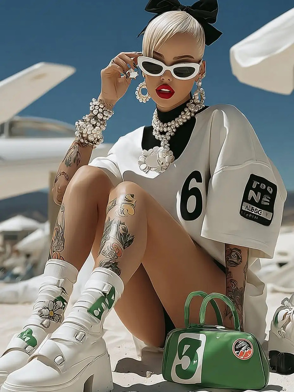 a woman with tattoos sitting on the beach next to a green handbag and purse
