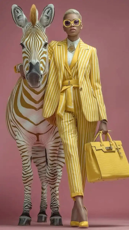 a woman standing next to a zebra wearing a suit and holding a yellow handbag