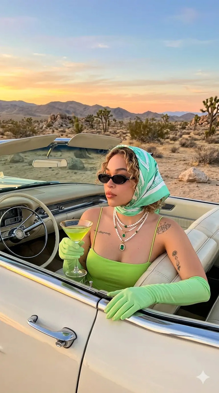 a woman sitting in the driver's seat of a convertible car with a drink in her hand