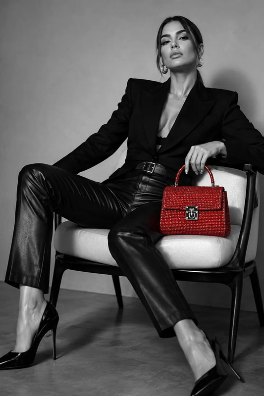 Editorial Fashion Portrait with Red Handbag for Luxury Brand and Social Media Content