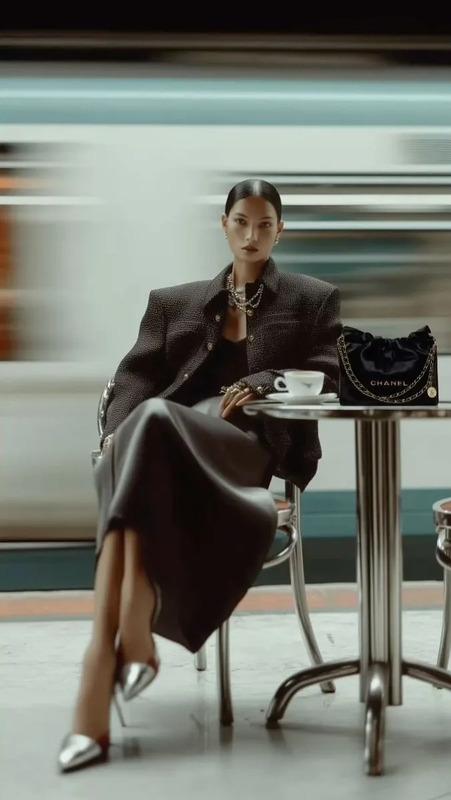 a woman sitting at a table with a purse in front of her and a train passing by