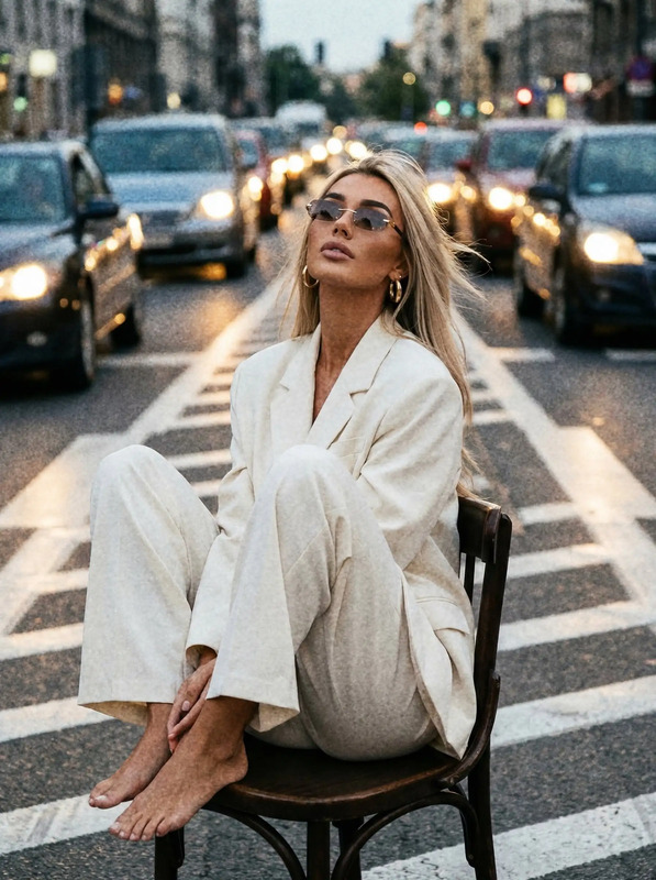 a woman sitting on top of a chair in the middle of a street with cars behind her