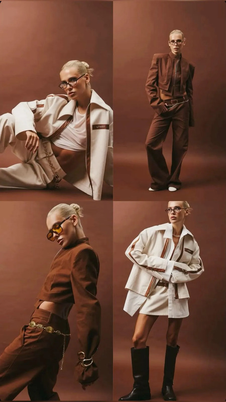four different shots of men in brown and white outfits, one with sunglasses on his head