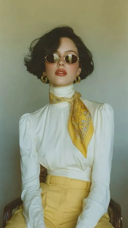Eleganter Vintage Look mit weißer Bluse, goldenem Seidentuch und hochgeschnittenen gelben Pants. Abgerundet mit runden Retro-Sonnenbrillen und Gold-Accessoires, ein perfektes Editorial Portrait im Retro-Vintage Stil.   #retrostyle #vintagefashion #editorialaesthetic #retroinspo #vintageoutfit #fashioneditorial
