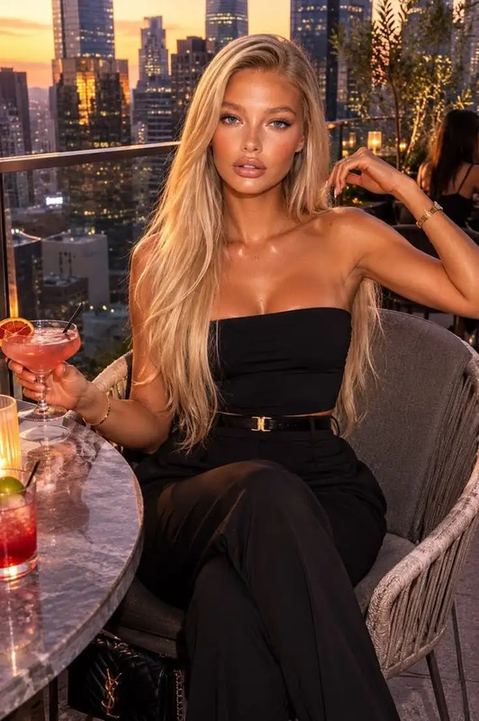 a woman sitting at a table with drinks