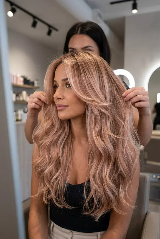 Rose Gold Balayage Wavy Hair 💖🌸 Long Layers &amp; Curtain Bangs