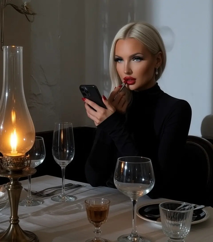 a woman sitting at a table with wine glasses and a cell phone in her hand