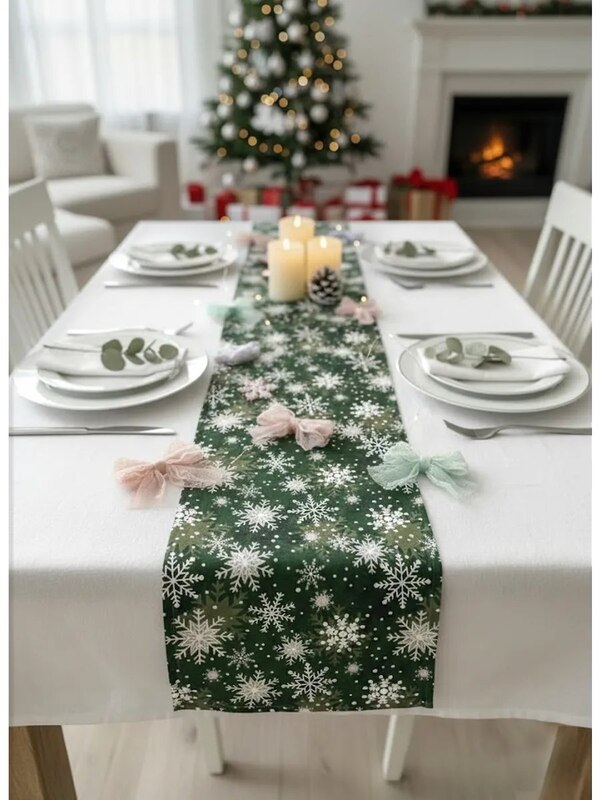 New Year's path 40cm*140cm green snowflakes, ElkaStyle