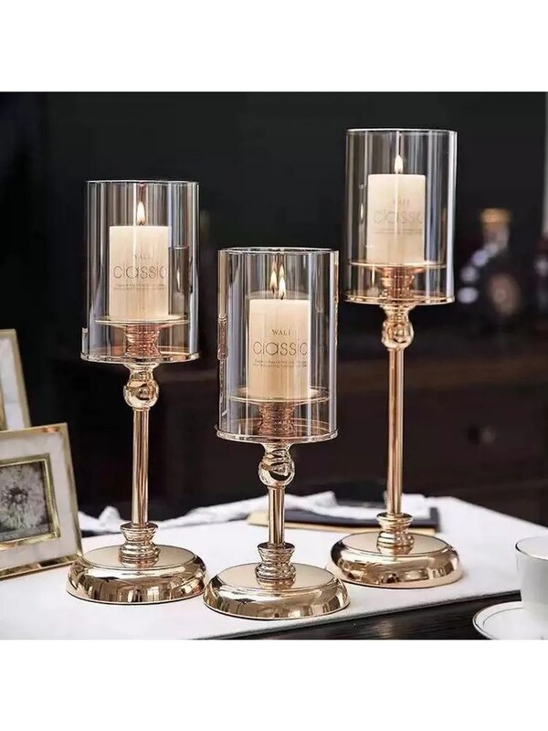 Set of candlesticks (gold, 3 pcs., with candles),