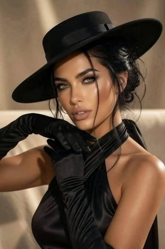 a woman wearing a black hat and gloves