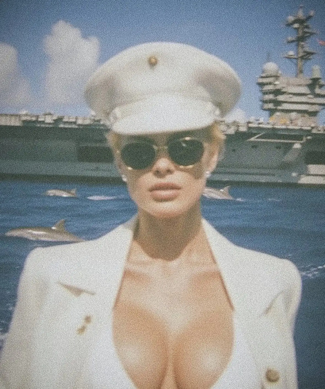 a woman wearing sunglasses and a sailor's hat in front of an aircraft carrier