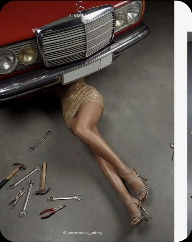 a woman laying on the ground next to a car with tools in front of her
