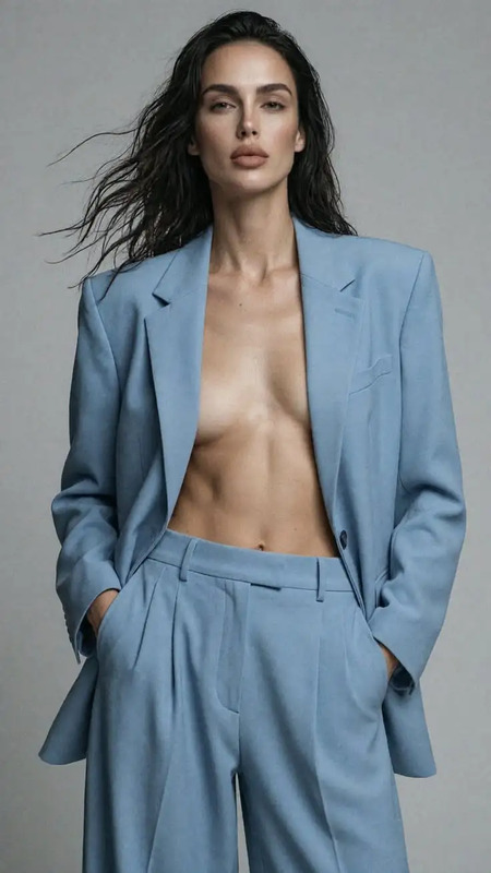 a woman in a blue suit posing for the camera with her hair blowing in the wind