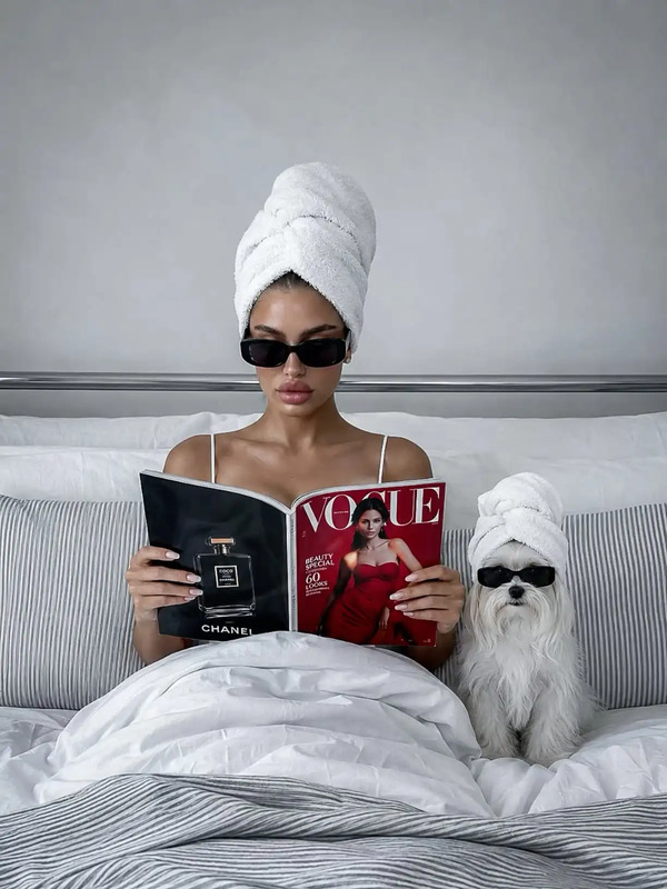 a woman reading a book in bed with a dog wearing a towel on her head