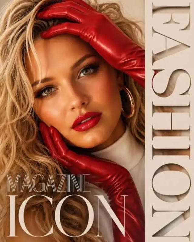 a magazine cover with a woman wearing red gloves