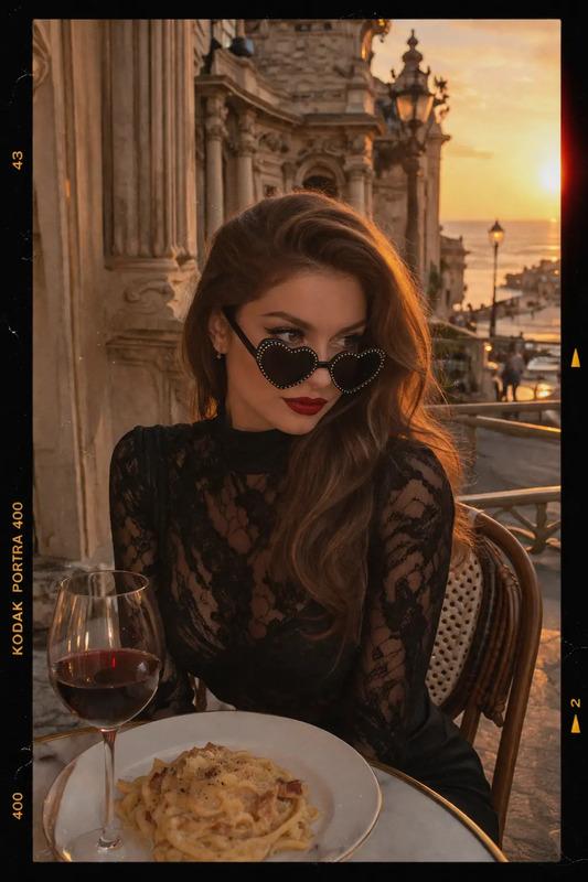 a woman sitting at a table with a plate of food and wine in front of her