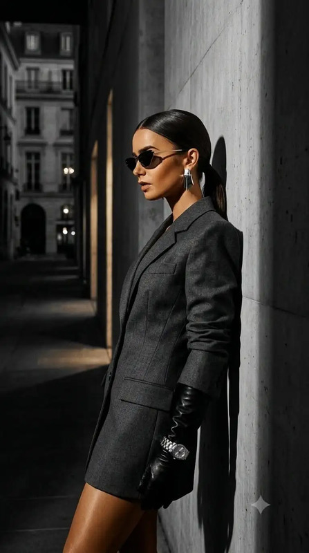 a woman leaning against a wall wearing sunglasses and a blazer with black leather gloves