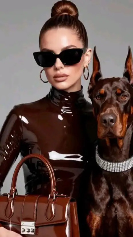 a woman with sunglasses and a dog in front of her is holding a brown purse