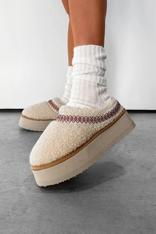 TILLY Aztec Platform Shearling Slippers - Beige - UK 8 / Beige