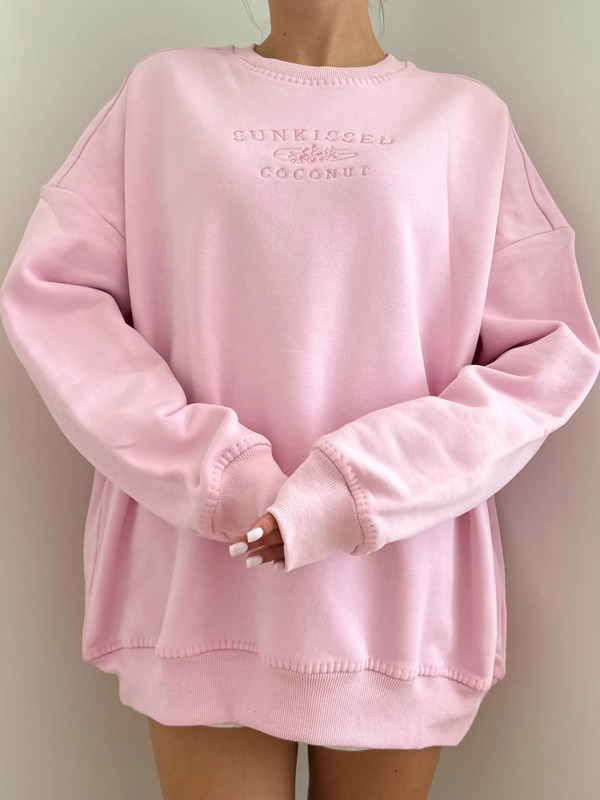 Stitched Sunkissedcoconut Embroidered Oversized Crewneck Sweatshirt 100% Cotton - Light Pastel Magenta / Medium