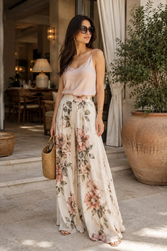 Floral Palazzo Pants Outfit | Silk Cami with Printed Wide Leg Trousers