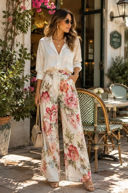 Floral Pants Outfit | White Blouse with Printed Wide Leg Trousers Café Style