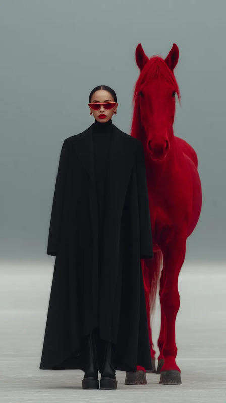 Fashion campaign. The woman and the red horse. Balenciaga