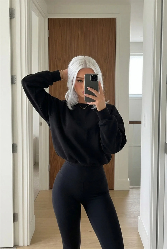 a woman taking a selfie with her cell phone in front of the mirror wearing black leggings