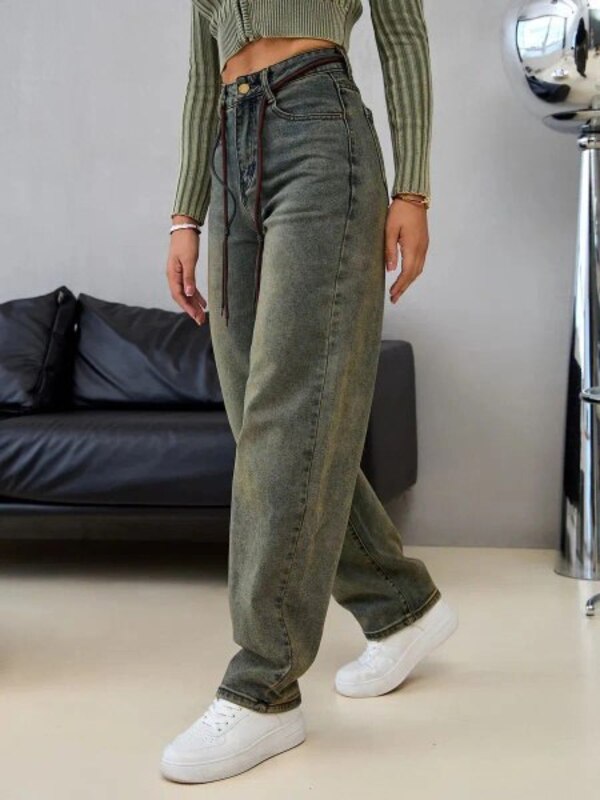 Jeans Women's blue, greenish-beige buggy, wide Cotton, Elastane, size 54, 56 Buttons, Zipper High China For any season Casual buy with delivery on OZON at a low price (2482596298)