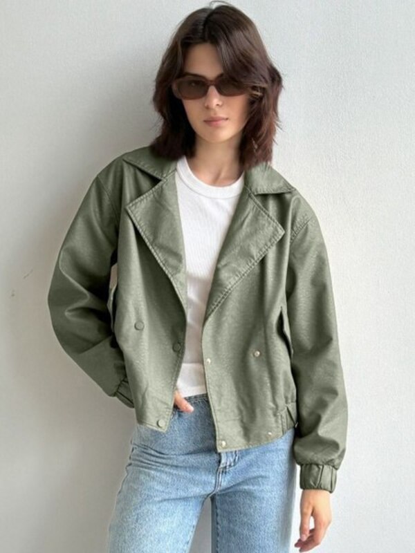 Jacket Women's JOJOLADY Buttons, Zipper olive green turn-down Eco-leather, size 50 Long leather Demi-season shortened China buy with delivery to OZON at a low price (1645500363)