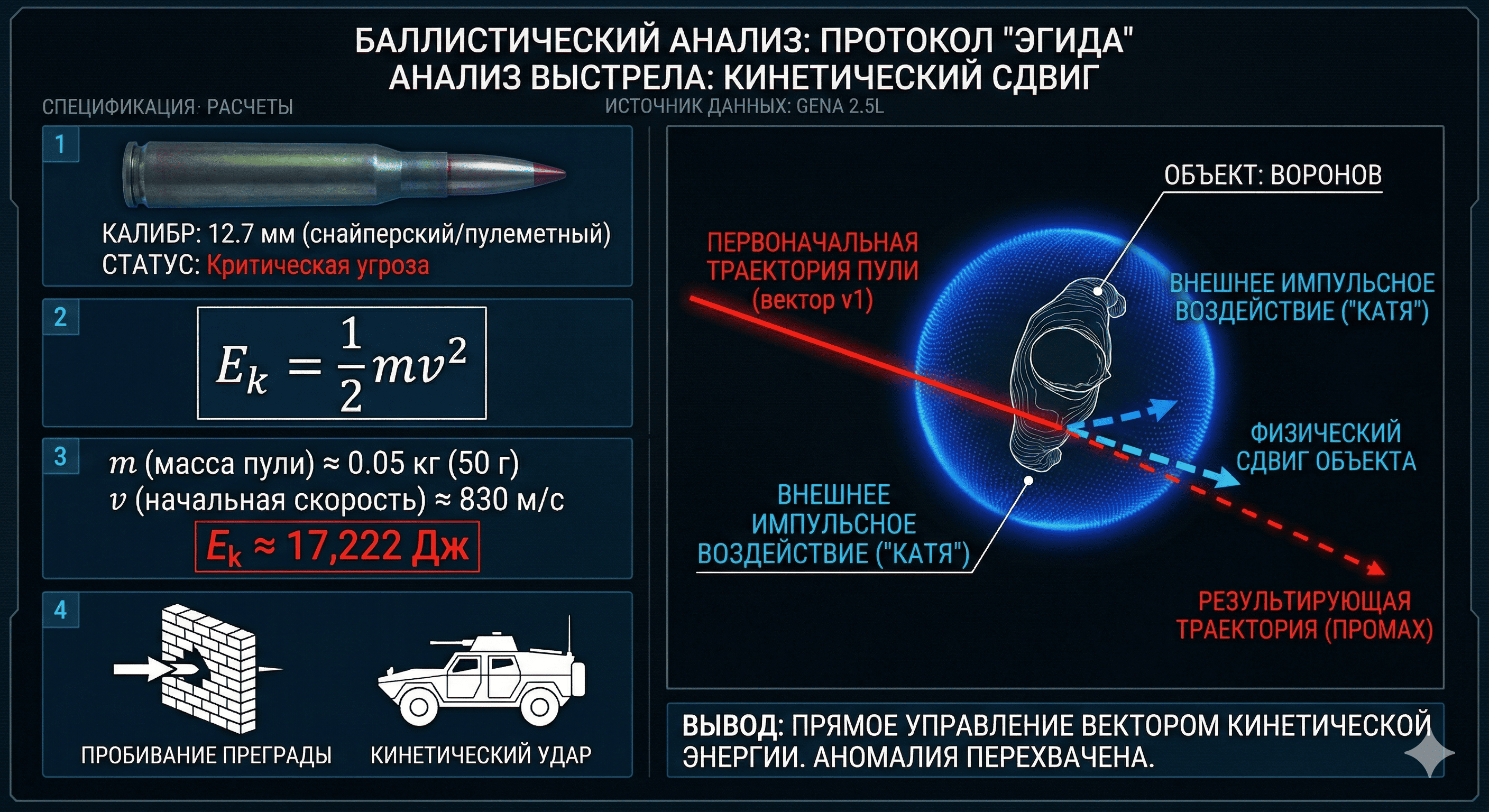 Ballistic analysis diagram of a 12.7 mm shot and kinetic vector displacement