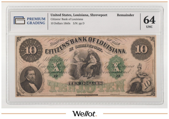 Изображение лота 10 Долларов ND (1860е) США Луизиана Шривпорт Citizens Bank PG 64 UNC
