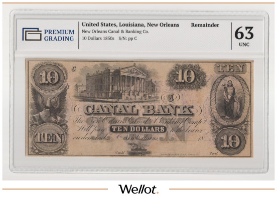 Изображение лота 10 Долларов ND (1850е) США Луизиана Новый Орлеан Canal and Banking Company PG 63 UNC