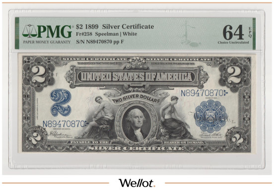 2 Доллара 1899 США Серебряный Сертификат PMG 64 EPQ UNC