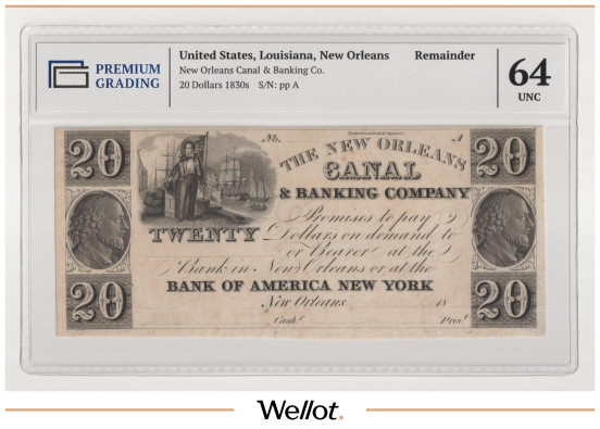 Изображение лота 20 Долларов ND (1830е) США Луизиана Новый Орлеан Canal and Banking Company PG 64 UNC