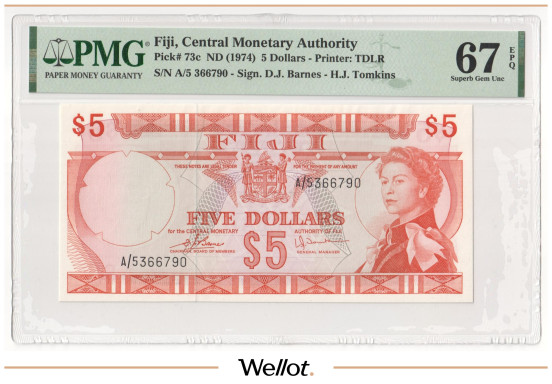5 Долларов ND (1974) Фиджи PMG 67 EPQ UNC
