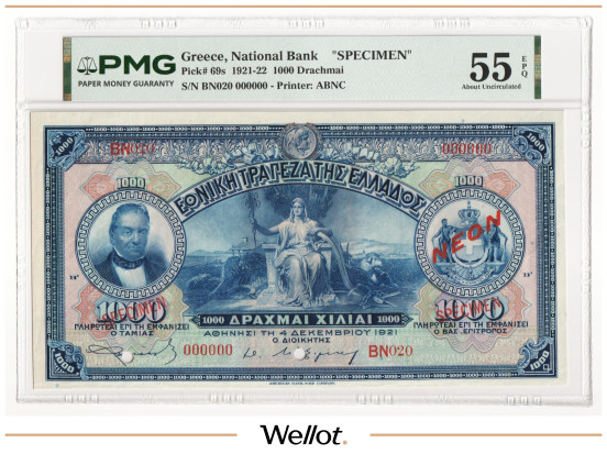 1000 Драхм 1921 Греция Образец PMG 55 EPQ AUNC