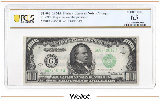 1000 Долларов 1934 США Чикаго Федеральный Резервный Банк PCGS 63 UNC