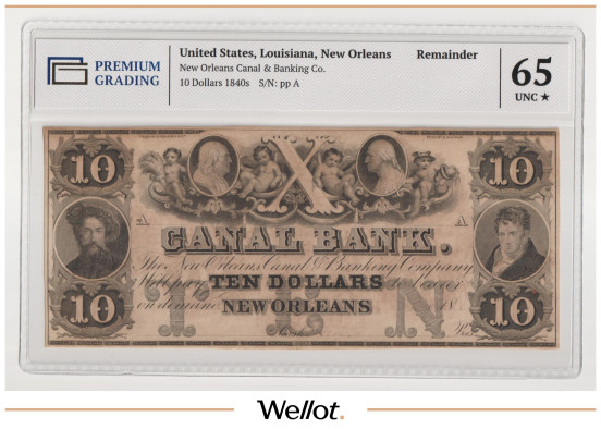 Изображение лота 10 Долларов ND (1840е) США Луизиана Новый Орлеан Canal and Banking Company PG 65+ UNC