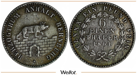 Изображение лота 1/6 Талера 1861 А Германия Ангальт-Бернбург