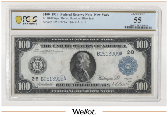 100 Долларов 1914 США Нью-Йорк Федеральный Резервный Банк PCGS 55 AUNC