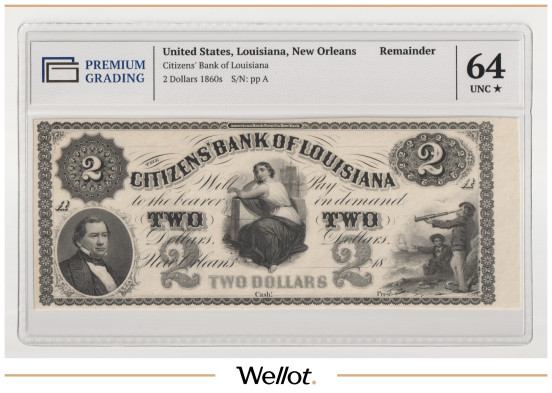Изображение лота 2 Доллара ND (1860е) США Луизиана Новый Орлеан Citizens Bank PG 64+ UNC
