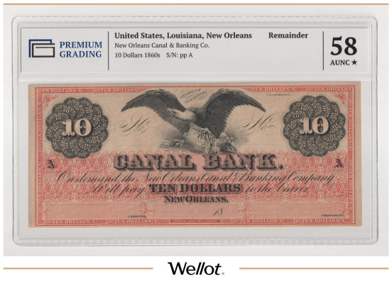 Изображение лота 10 Долларов ND (1860е) США Луизиана Новый Орлеан Canal and Banking Company PG 58+ AUNC