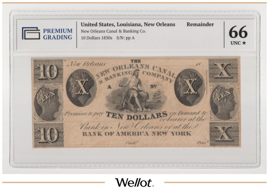Изображение лота 10 Долларов ND (1830е) США Луизиана Новый Орлеан Canal and Banking Company PG 66+ UNC