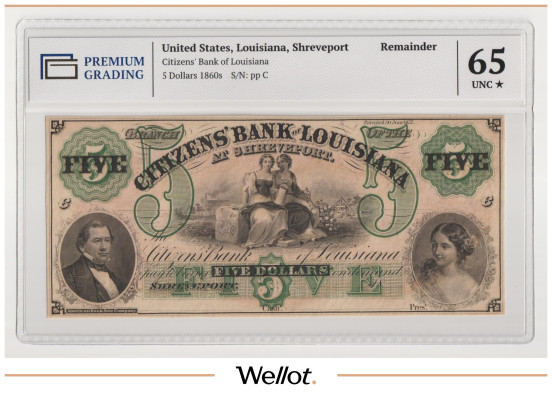 Изображение лота 5 Долларов ND (1860е) США Луизиана Шривпорт Citizens Bank PG 65+ UNC
