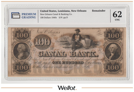 Изображение лота 100 Долларов ND (1840е) США Луизиана Новый Орлеан Canal and Banking Company PG 62 UNC